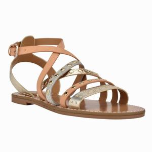 Nine West Cane Studded Flat Sandals - Gold/Brown - Ireland (ED8576291)